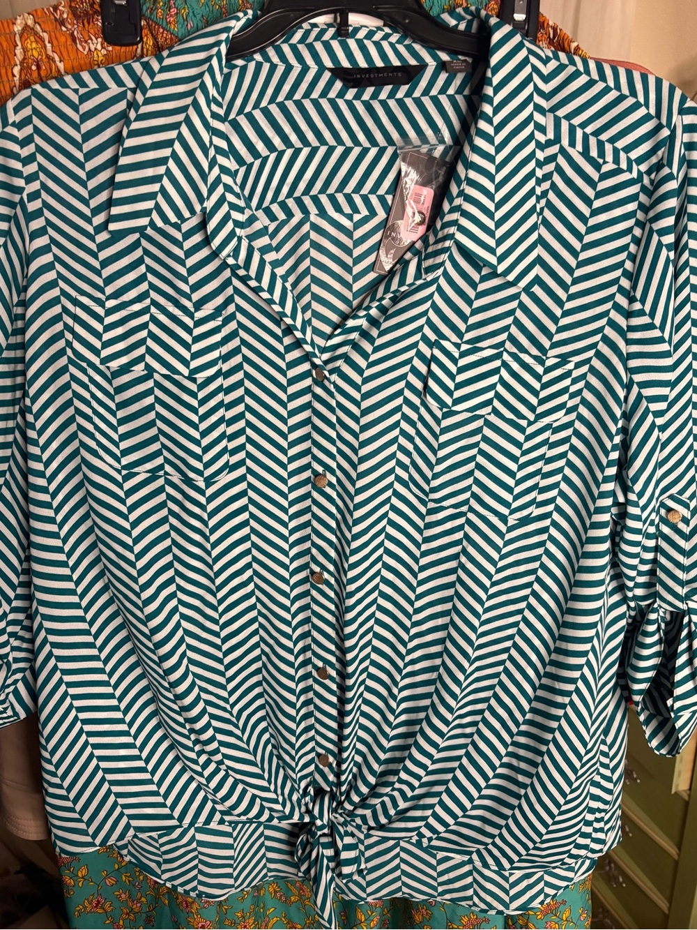Investments Teal and White Chevron Blouse